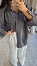 Gri Oversize Bambu Gömlek - Görsel 6