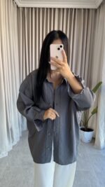 Gri Oversize Bambu Gömlek - Görsel 2