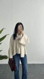 Griss Atkılı Yün Kazak - Ekru - Görsel 4