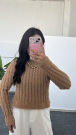 Hira Ajurlu Sakallı Triko Bluz - Camel - Görsel 4