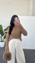 Hira Ajurlu Sakallı Triko Bluz - Camel - Görsel 2