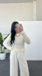 Hira Ajurlu Sakallı Triko Bluz - Ekru - Görsel 5