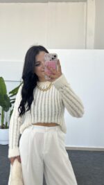 Hira Ajurlu Sakallı Triko Bluz - Ekru - Görsel 2