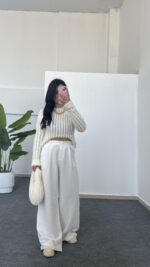 Hira Ajurlu Sakallı Triko Bluz - Ekru - Görsel 7