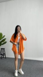 Linda Asimetrik Kesim Keten Gömlek - Turuncu - Görsel 2