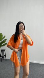 Linda Asimetrik Kesim Keten Gömlek - Turuncu