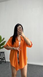 Linda Asimetrik Kesim Keten Gömlek - Turuncu - Görsel 3