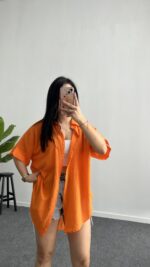 Linda Asimetrik Kesim Keten Gömlek - Turuncu - Görsel 4