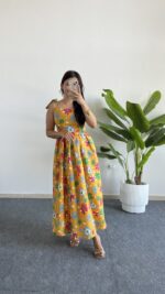 Meris Çiçekli Poplin Elbise - Sarı