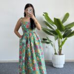 Meris Çiçekli Poplin Elbise - Yeşil