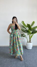 Meris Çiçekli Poplin Elbise - Yeşil