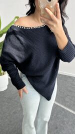 Lisa Yakası Taşlı Asimetrik Triko Bluz - Lacivert - Görsel 3