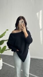 Lisa Yakası Taşlı Asimetrik Triko Bluz - Lacivert - Görsel 5