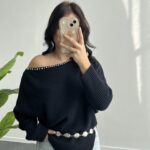 Lisa Yakası Taşlı Asimetrik Triko Bluz - Lacivert