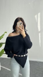 Lisa Yakası Taşlı Asimetrik Triko Bluz - Lacivert