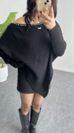 Lisa Yakası Taşlı Asimetrik Triko Bluz - Siyah - Görsel 3