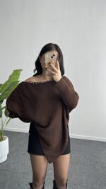 Lisa Yakası Taşlı Asimetrik Triko Bluz - Acı Kahve - Görsel 5