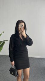 Merlin Tül Detaylı Crep Elbise - Siyah - Görsel 6