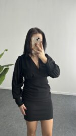 Merlin Tül Detaylı Crep Elbise - Siyah - Görsel 4