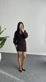 Merlin Tül Detaylı Crep Elbise - Kahve - Görsel 8