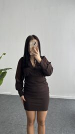 Merlin Tül Detaylı Crep Elbise - Kahve - Görsel 3