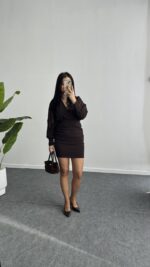 Merlin Tül Detaylı Crep Elbise - Kahve