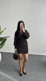 Merlin Tül Detaylı Crep Elbise - Kahve - Görsel 7