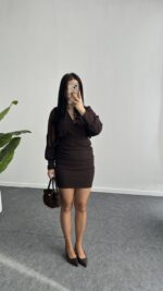 Merlin Tül Detaylı Crep Elbise - Kahve - Görsel 2