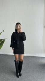 Same Fular Detaylı Tül Elbise - Siyah - Görsel 2