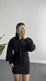 Same Fular Detaylı Tül Elbise - Siyah - Görsel 3