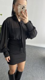 Same Fular Detaylı Tül Elbise - Siyah - Görsel 4