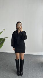 Same Fular Detaylı Tül Elbise - Siyah - Görsel 5