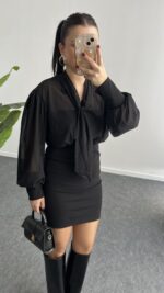 Same Fular Detaylı Tül Elbise - Siyah - Görsel 6