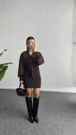 Same Fular Detaylı Tül Elbise - Kahve - Görsel 5