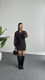 Same Fular Detaylı Tül Elbise - Kahve - Görsel 6