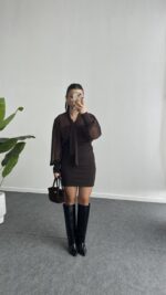 Same Fular Detaylı Tül Elbise - Kahve - Görsel 3