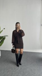 Same Fular Detaylı Tül Elbise - Kahve