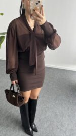 Same Fular Detaylı Tül Elbise - Kahve - Görsel 4