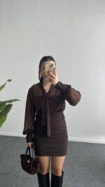 Same Fular Detaylı Tül Elbise - Kahve - Görsel 2