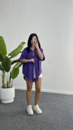 Linda Asimetrik Kesim Keten Gömlek - Mor - Görsel 6