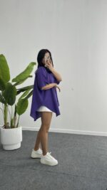 Linda Asimetrik Kesim Keten Gömlek - Mor - Görsel 5