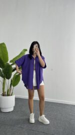 Linda Asimetrik Kesim Keten Gömlek - Mor - Görsel 4