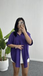 Linda Asimetrik Kesim Keten Gömlek - Mor - Görsel 3