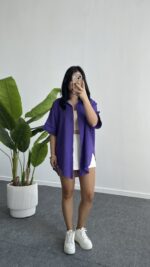 Linda Asimetrik Kesim Keten Gömlek - Mor - Görsel 7