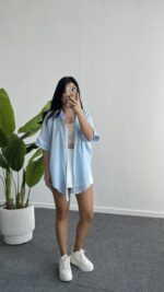 Linda Asimetrik Kesim Keten Gömlek - Mavi - Görsel 8