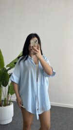 Linda Asimetrik Kesim Keten Gömlek - Mavi - Görsel 6