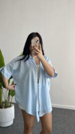 Linda Asimetrik Kesim Keten Gömlek - Mavi - Görsel 5