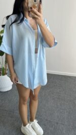 Linda Asimetrik Kesim Keten Gömlek - Mavi - Görsel 4