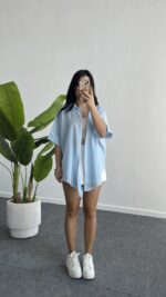 Linda Asimetrik Kesim Keten Gömlek - Mavi - Görsel 3