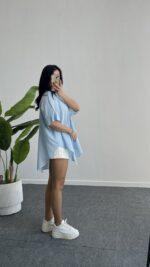 Linda Asimetrik Kesim Keten Gömlek - Mavi - Görsel 2